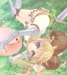  1girl :3 animal_ears armor armored_boots bangs blonde_hair blush boots breastplate brown_legwear closed_mouth commentary_request cross dress eyebrows_visible_through_hair fake_horns feet_out_of_frame grass hair_between_eyes horned_headwear horns kneehighs knight_(ragnarok_online) long_hair looking_at_viewer lying nia_(littlestars) on_ground on_side pauldrons poring purple_eyes ragnarok_online shoulder_armor slime_(creature) smile sword vambraces weapon white_dress 