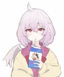  1girl ahoge aji_(pokedegi) angel_wings bangs beige_jacket bow bowtie braid character_print collared_dress dress drinking drinking_straw eyebrows_visible_through_hair french_braid hair_between_eyes highres holding holding_carton jacket kishin_sagume looking_at_viewer milk_carton purple_dress red_bow red_eyes red_neckwear silver_hair simple_background single_wing solo touhou upper_body ushizaki_urumi white_background wing_collar wings 