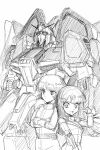  1boy 1girl bangs breasts crossed_arms eba_furi greyscale gundam gundam_zz highres kamille_bidan long_hair looking_at_viewer looking_to_the_side mecha medium_breasts mobile_suit monochrome open_mouth pilot_suit roux_louka science_fiction sketch smile v-fin zeta_gundam zeta_gundam_(mobile_suit) 
