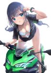  1girl :o aqua_eyes arm_up bangs black_shirt blue_bra blue_hair blue_panties blunt_bangs bra bracelet breasts cleavage commentary_request fujinomiya_reicho ground_vehicle hair_ornament hairclip highres jewelry kawasaki large_breasts long_hair looking_at_viewer motor_vehicle motorcycle navel necklace open_clothes open_mouth open_shirt original panties shirt simple_background solo twintails underwear white_background 