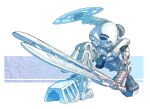  1boy bionicle blue_eyes eyepiece gears holding holding_shield kanohi_(bionicle) kopaka_(bionicle) lego lens mask no_humans pose robot shield sword the_lego_group tomycase weapon white_mask 