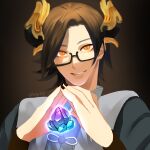  1boy artist_name azhdaha_(genshin_impact) bangs black_nails brown_background brown_hair chinese_clothes commentary_request crystal dragon_horns ellmyr floating_card genshin_impact glasses hands_together highres horns open_mouth parted_bangs short_hair simple_background slit_pupils smile solo yellow_eyes 