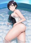  1girl black_hair blue_eyes breasts competition_swimsuit hashi large_breasts lying on_side one-piece_swimsuit original partially_submerged pool short_hair solo swimsuit thighs water wet 
