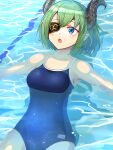  1girl afloat bangs bare_shoulders black_eyepatch blue_eyes blue_swimsuit blush breasts commentary_request curled_horns demon_horns eyebrows_visible_through_hair eyepatch green_hair hair_between_eyes highres honey_strap horns lying medium_breasts okiru on_back one-piece_swimsuit open_mouth partially_submerged sekishiro_mico signature solo swimsuit virtual_youtuber water 