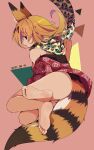  1girl animal_ears ass bare_legs bare_shoulders barefoot brown_hair crossed_legs dated extra_ears feet from_behind highres kemono_friends long_hair looking_at_viewer multicolored_hair nanana_(nanana_iz) no_pants off_shoulder open_mouth orange_hair scarf serval_(kemono_friends) sideways_glance soles solo tail toes two-tone_hair 