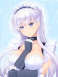  1girl azur_lane bangs belfast_(azur_lane) black_choker blue_eyes blush braid breasts choker closed_mouth commentary_request eyebrows_visible_through_hair gloves hands_up large_breasts long_hair looking_at_viewer maid maid_headdress parted_bangs smile solo toyatokage upper_body white_hair 