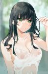  1girl bare_arms bare_shoulders bekotarou black_hair blurry breasts camisole cleavage collarbone depth_of_field green_eyes hand_up highres long_hair medium_breasts nipples no_bra original puckered_lips see-through shirt sleeveless sleeveless_shirt solo spaghetti_strap upper_body wet wet_clothes wet_shirt white_shirt 