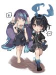  2girls :o alice_(sinoalice) bangs barefoot black_footwear blue_dress blue_eyes blue_gloves blue_hair blue_legwear botan_yuduki closed_mouth dress floor gloves hair_between_eyes headband highres holding_another&#039;s_arm long_hair multiple_girls ningyo_hime_(sinoalice) one_eye_closed open_mouth red_eyes shoes short_hair short_sleeves simple_background sinoalice sleeveless speech_bubble standing sweat toes twintails walking white_background younger 