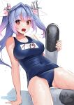  1girl absurdres akagi_kurage bare_arms bare_legs bare_shoulders black_swimsuit blue_hair blush collarbone eyebrows_visible_through_hair fang flower-shaped_pupils highres i-19_(kancolle) kantai_collection long_hair name_tag one-piece_swimsuit open_mouth red_eyes school_swimsuit simple_background skin_fang solo swimsuit torpedo tri_tails wet white_background 