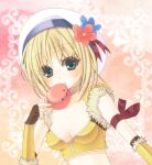  1girl :3 armband bangs blonde_hair blue_flower blush breasts brown_gloves brown_shirt cleavage commentary_request crop_top eyebrows_visible_through_hair fingerless_gloves flower fur-trimmed_gloves fur-trimmed_shirt fur_trim gloves green_eyes hair_between_eyes highres looking_at_viewer medium_breasts mouth_hold nia_(littlestars) pink_flower poring ragnarok_online shirt short_hair sleeveless sleeveless_shirt slime_(creature) smile sniper_(ragnarok_online) two-tone_gloves two-tone_shirt upper_body white_headwear yellow_gloves yellow_shirt 