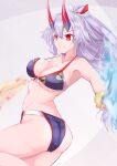  1girl bikini breasts cleavage eyebrows_visible_through_hair fate/grand_order fate_(series) hair_between_eyes hair_ribbon holding holding_sword holding_weapon horns katana long_hair medium_breasts midriff navel oni_horns ponytail purple_bikini red_eyes red_horns red_ribbon ribbon short_sleeves silver_hair solo swimsuit sword tetsuhige tomoe_(symbol) tomoe_gozen_(fate) tomoe_gozen_(swimsuit_saber)_(fate) very_long_hair weapon 