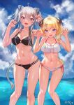  2girls :d ahoge animal_ears arm_up armpits arpeggio_kaga ass_visible_through_thighs bare_arms bare_shoulders bikini black_bikini blonde_hair blue_eyes breasts claw_pose cleavage cloud curled_horns day fang feet_out_of_frame groin hair_between_eyes halterneck hands_up highres hololive horns lion_ears lion_girl lion_tail long_hair medium_breasts multi-strapped_bikini multiple_girls navel open_mouth outdoors purple_eyes sheep_horns shishiro_botan side-tie_bikini silver_hair smile standing stomach string_bikini swimsuit tail thighs tsunomaki_watame two_side_up v-shaped_eyebrows virtual_youtuber wet white_bikini 
