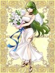  1girl :d angel_wings blue_eyes blue_ribbon bouquet breasts dress flower full_body green_hair hair_flower hair_ornament haritoyomimasu holding holding_bouquet kerberos_blade large_breasts lily_(flower) long_hair open_mouth ribbon sandals simple_background smile solo thigh_strap very_long_hair white_dress white_wings wings yellow_background 