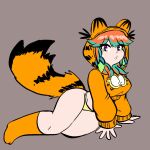  1girl animal_ears cat_ears cat_tail character_hood garfield garfield_(character) grey_background highres hololive hololive_english hood hood_up hoodie no_pants panties peagade simple_background socks solo tail takanashi_kiara underwear virtual_youtuber 