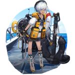  1boy :d anchor binoculars black_gloves black_headwear blue_eyes boat boots character_name cloud fingerless_gloves freckles girls&#039;_frontline girls&#039;_frontline_neural_cloud gloves hair_between_eyes hat highres holding holding_binoculars lifebuoy looking_at_viewer male_focus neckerchief ocean official_art open_mouth sailor_collar sailor_shirt shirt short_hair short_sleeves shorts sky smile solo transparent_background watercraft whistle whistle_around_neck white_hair white_shirt yanny_(girls&#039;_frontline_nc) 