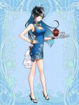  1girl bad_feet black_hair blue_background blue_dress blue_hair blue_nails breasts china_dress chinese_clothes cleavage cup dairoku_youhei double_bun dress full_body hair_bun hair_over_one_eye hand_on_hip haritoyomimasu high_heels highres holding holding_tray long_hair multicolored_hair simple_background standing tray two-tone_hair 