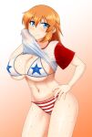  1girl american_flag_bikini bikini blue_eyes blush breasts charlotte_e._yeager cleavage closed_mouth clothes_lift covered_nipples eyebrows_visible_through_hair flag_print gradient gradient_background hand_on_hip highres kunashiri_(etorofu) large_breasts lifted_by_self looking_at_viewer navel orange_background orange_hair shiny shiny_hair shirt_lift simple_background solo standing strike_witches sweat swimsuit white_background world_witches_series 