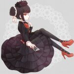  1girl alternate_hair_length alternate_hairstyle bangs black_dress black_flower black_hair black_legwear braid card celestia_ludenberg commentary danganronpa:_trigger_happy_havoc danganronpa_(series) dress drill_hair flower from_side grey_background hair_flower hair_ornament hair_ribbon hand_up high_heels holding holding_card index_finger_raised keroro7 lolita_fashion looking_at_viewer nail_polish pantyhose profile red_eyes red_flower red_footwear red_nails red_rose ribbon rose short_hair smile solo white_ribbon 