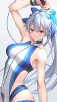  1girl bangs blue_bow blue_swimsuit bow breasts fate/grand_order fate_(series) hair_between_eyes hair_bow highleg highleg_swimsuit highres knt02142769 large_breasts long_hair looking_at_viewer one-piece_swimsuit ponytail red_eyes silver_hair swimsuit tomoe_gozen_(fate) tomoe_gozen_(swimsuit_saber)_(fate) two-tone_swimsuit white_swimsuit 