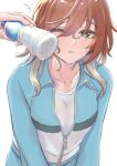  1girl aketa_mikoto bangs blue_jacket bottle bottle_to_cheek brown_eyes brown_hair collarbone eyebrows_visible_through_hair gradient_hair hair_between_eyes holding holding_bottle idolmaster idolmaster_shiny_colors jacket long_hair long_sleeves multicolored_hair one_eye_closed open_mouth partially_unzipped shiny shiny_hair shirt silver_hair simple_background solo_focus sweatdrop umirororo white_background white_shirt 