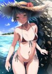 1girl ass_visible_through_thighs bare_arms bare_legs bare_shoulders bikini black_hair blush breasts collarbone cowboy_shot day eyebrows_visible_through_hair flower front-tie_bikini front-tie_top green_eyes groin hat hat_flower highres kantai_collection kyogoku_shin mogami_(kancolle) navel ocean red_bikini red_flower shore short_hair side-tie_bikini small_breasts smile solo straw_hat sun_hat swimsuit 