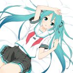  1girl :o aqua_eyes aqua_hair arm_up black_skirt collar collarbone collared_shirt commentary cowboy_shot from_above hair_ribbon hand_on_own_head hatsune_miku long_hair looking_at_viewer lying miniskirt neckerchief on_back on_bed open_mouth pleated_skirt red_neckwear ribbon sailor_collar school_uniform serafuku shirt short_sleeves skirt solo soukun_s striped striped_ribbon twintails undone_neckerchief uniform very_long_hair vocaloid vocaloid_(lat-type_ver) white_background white_collar white_shirt 