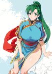  1girl breasts dress earrings fire_emblem fire_emblem:_the_blazing_blade green_eyes green_hair high_ponytail highres jewelry large_breasts long_hair looking_at_viewer lyn_(fire_emblem) ponytail scarf sitting solo thighs yajiro_masaru 