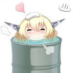  1girl bathing blonde_hair chibi closed_eyes colorado_(kancolle) drum_(container) drum_bath headgear heart highres kantai_collection partially_submerged riretsuto short_hair solo towel towel_on_head white_towel 