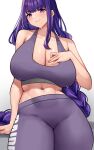  1girl absurdres bangs braid breasts cleavage commentary cromwellb english_commentary eyebrows_visible_through_hair genshin_impact hand_on_own_chest highres large_breasts long_hair looking_at_viewer midriff mole mole_under_eye navel open_mouth pants purple_eyes purple_hair raiden_shogun simple_background smile solo sports_bra sportswear sweat track_pants white_background 