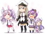  &gt;_&lt; 4girls absurdres ahoge animal_ears azur_lane bangs candy_rimo chibi commentary crown crying doll_hug elbow_gloves english_commentary english_text enterprise_(azur_lane) eyebrows_visible_through_hair fake_animal_ears full_body gloves grey_eyes hair_between_eyes hair_bun hair_ornament hairclip hat highres holding_hands javelin_(azur_lane) laffey_(azur_lane) long_hair long_sleeves looking_at_viewer mini_crown multiple_girls necktie off_shoulder one_side_up peaked_cap pleated_skirt ponytail purple_hair rabbit_ears red_eyes side_bun sidelocks silver_hair skirt sleepy spaghetti_strap standing stuffed_animal stuffed_toy stuffed_winged_unicorn thighhighs twintails unicorn_(azur_lane) white_background white_gloves white_legwear zettai_ryouiki 
