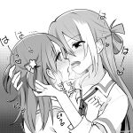  2girls after_kiss alina_gray assertive_female empty_eyes eye_contact eyebrows_visible_through_hair face-to-face greyscale hair_ornament hands_on_another&#039;s_head heart heavy_breathing highres jewelry kiss long_hair looking_at_another magia_record:_mahou_shoujo_madoka_magica_gaiden mahou_shoujo_madoka_magica misono_karin momo_tomato monochrome multiple_girls ring sakae_general_school_uniform saliva saliva_trail school_uniform sleeves_rolled_up tongue tongue_out trembling yuri 