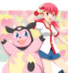  1girl :d bangs black_shirt blue_shorts blush breasts buttons collarbone commentary_request eyelashes gen_2_pokemon gym_leader hair_ornament hairclip hand_up highres holding holding_poke_ball jacket koroni_(nkrgs) long_hair looking_at_viewer miltank open_mouth pink_hair poke_ball poke_ball_(basic) pokemon pokemon_(creature) pokemon_(game) pokemon_hgss purple_eyes red_wristband shirt short_shorts short_sleeves shorts smile twintails white_jacket whitney_(pokemon) wristband 