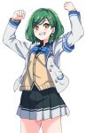  1girl bangs black_shirt black_skirt blazer blue_bow bow clenched_hands collared_shirt eyebrows_visible_through_hair flexing green_hair jacket karahai_(31448823) kitakouji_hisui nijisanji pose sharp_teeth shirt short_hair skirt smile solo teeth transparent_background vest virtual_youtuber white_jacket yellow_vest 