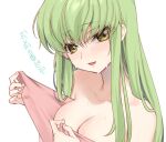  1girl bangs blush breasts c.c. cleavage code_geass commentary_request creayus eyebrows_visible_through_hair green_hair long_hair looking_at_viewer medium_breasts naked_towel open_mouth simple_background smile solo towel translated upper_body wet white_background yellow_eyes 