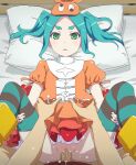  1boy 1girl aqua_hair bed_sheet censored clothed_sex expressionless green_eyes green_legwear hat hetero lying missionary monogatari_(series) mosaic_censoring no_panties on_back ononoki_yotsugi penis pillow pov pussy sex solo_focus striped striped_legwear thighhighs tomu_(tomubobu) torso_grab twintails vaginal 