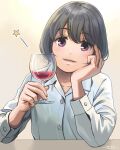  1girl alcohol blue_hair blush bob_cut collared_shirt commentary_request cup drinking_glass eyebrows_visible_through_hair hand_on_own_cheek hand_on_own_face head_rest head_tilt holding holding_cup horikou lips looking_at_viewer open_mouth purple_eyes red_wine shima_saki shirt sitting star_(symbol) white_shirt wine wine_glass yurucamp 
