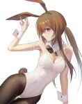  1girl amiya_(arknights) animal_ears arknights arm_strap arm_support arm_up bangs bilibilida black_legwear blue_eyes breasts brown_hair chinese_commentary cleavage closed_mouth commentary_request cowboy_shot detached_collar hair_between_eyes highres leotard long_hair looking_at_viewer medium_breasts pantyhose ponytail rabbit_ears rabbit_girl rabbit_tail sidelocks simple_background solo tail thigh_gap white_background white_leotard wrist_cuffs 