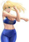  1girl ahoge artoria_pendragon_(fate) artoria_pendragon_(lancer)_(fate) blonde_hair blue_pants breasts cleavage closed_mouth clothes_writing eyebrows_visible_through_hair fate/grand_order fate_(series) green_eyes hair_between_eyes high-waist_pants highres large_breasts long_hair looking_at_viewer midriff pants ponytail simple_background solo stretch white_background yamaneko_(tkdrumsco) yoga_pants 