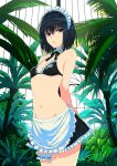  1girl absurdres apron arms_behind_back artoria_pendragon_(alter_swimsuit_rider)_(fate) artoria_pendragon_(alter_swimsuit_rider)_(fate)_(cosplay) artoria_pendragon_(fate) bangs bare_shoulders bikini black_bikini black_eyes black_hair black_skirt black_swimsuit blush commentary_request cosplay detached_collar eyebrows_visible_through_hair fate/grand_order fate_(series) frills hair_between_eyes highres kuonji_alice leaf mahou_tsukai_no_yoru maid maid_bikini maid_headdress miniskirt navel palm_tree short_hair skirt solo swimsuit tree waist_apron white_apron xtango 