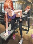 1girl ahoge arisugawa_natsuha ass breasts brown_eyes cleavage commentary dumbbell highres holding idolmaster idolmaster_shiny_colors indoors long_hair looking_at_viewer mirror open_mouth orange_hair pants ponytail reflection smile solo sports_bra spung sweat yoga_pants 