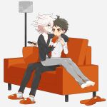  2boys alternate_costume bangs barefoot black_pants blush_stickers book brown_eyes collarbone commentary couch danganronpa_(series) danganronpa_2:_goodbye_despair full_body grey_background grey_hair grey_pants hand_up hinata_hajime holding holding_book holding_remote_control keroro7 komaeda_nagito male_focus missing_limb multiple_boys on_lap pants pillow red_footwear shoes shoes_removed short_hair simple_background sitting sitting_on_person sweater white_sweater yaoi 