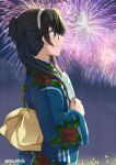  1girl aerial_fireworks alternate_costume black_hair blue_kimono fireworks grey_eyes hairband hand_fan holding holding_fan japanese_clothes kantai_collection kimono long_hair mikage_takashi night night_sky obi ooyodo_(kancolle) paper_fan sash sky solo uchiwa upper_body white_hairband yukata 