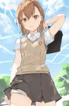  1girl absurdres arm_behind_head beige_vest biribiri blue_sky brown_eyes brown_hair brown_skirt cloud collared_shirt electricity eyebrows_visible_through_hair highres holding looking_at_viewer misaka_mikoto school_uniform shirt shorts shorts_under_skirt skirt sky solo sweater_vest thighs toaru_kagaku_no_railgun toaru_majutsu_no_index tokiwadai_school_uniform tree usagiplanet7 