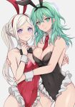  2girls animal_ears asymmetrical_docking bangs banned_artist bare_arms bare_shoulders black_bow black_hairband black_leotard black_neckwear blush bow bowtie breast_press breasts byleth_(fire_emblem) byleth_(fire_emblem)_(female) cleavage commentary covered_navel cowboy_shot detached_collar edelgard_von_hresvelg enlightened_byleth_(female) fake_animal_ears fire_emblem fire_emblem:_three_houses frilled_leotard frills green_eyes green_hair grey_background hair_between_eyes hairband highres large_breasts leotard long_hair looking_at_viewer medium_breasts multiple_girls playboy_bunny purple_eyes rabbit_ears red_hairband red_leotard shimizu_akina silver_hair simple_background standing strapless strapless_leotard symbol-only_commentary thighs 