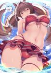  1girl ass_visible_through_thighs bangs bare_shoulders bikini bikini_skirt blue_sky blush breasts brown_hair closed_mouth cloud commentary daiwa_scarlet_(umamusume) day eyebrows_visible_through_hair from_below front-tie_bikini front-tie_top groin hair_intakes hair_ribbon highres large_breasts long_hair looking_at_viewer migumigu navel official_alternate_costume outdoors partially_submerged red_bikini red_eyes ribbon sky smile solo standing stomach sunlight swimsuit thighs umamusume underboob wading water water_drop 