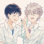  2boys beige_background blue_shirt closed_eyes collarbone commentary_request earbuds earphones eyebrows_visible_through_hair grey_hair hajikkoneko hand_up highres ikari_shinji laughing lower_teeth male_focus multiple_boys nagisa_kaworu neon_genesis_evangelion open_mouth purple_shirt school_uniform shared_earphones shirt short_hair short_sleeves simple_background smile tearing_up upper_body upper_teeth very_short_hair white_shirt 