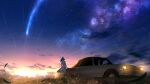  1girl adsuger bangs blue_hair car cloud daybreak_frontline_(vocaloid) dress grass ground_vehicle headlight highres leaning_back long_hair motor_vehicle outdoors scenery shooting_star short_sleeves sky solo star_(sky) sunset white_dress wind 