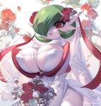  1girl alternate_breast_size artist_name bangs blush bob_cut bouquet bow branch breasts bridal_veil bride choker colored_skin commentary covered_navel covered_nipples cowboy_shot dress elbow_gloves english_commentary eyelashes flower gardevoir gen_3_pokemon gloves green_hair groin hair_flower hair_ornament hair_over_one_eye hair_ribbon happy holding holding_bouquet huge_breasts lace lace-trimmed_veil lace_choker lace_trim light_blush looking_at_viewer mega_gardevoir mega_pokemon open_mouth petals pokemon pokemon_(creature) popodunk red_eyes red_flower red_ribbon red_rose ribbon rose see-through shiny shiny_hair short_hair signature skindentation smile solo standing strapless strapless_dress teeth veil wedding_dress white_background white_choker white_dress white_flower white_gloves white_skin wide_hips 