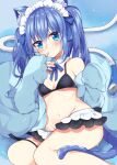  1girl animal_ears bangs bare_shoulders bikini black_bikini blue_bow blue_eyes blue_hair blue_jacket blush bow cat_ears cat_girl cat_tail closed_mouth collar commentary detached_collar eyebrows_visible_through_hair hair_between_eyes hair_bow hands_up jacket long_hair long_sleeves looking_at_viewer maid_bikini maid_headdress maki_soutoki open_clothes open_jacket original shower_head sleeves_past_fingers sleeves_past_wrists solo swimsuit symbol-only_commentary tail twintails water white_collar wing_collar 