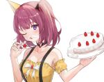  1girl absurdres bow brown_hair cake collarbone cream cream_on_face detached_sleeves food food_on_face frilled_shirt frills fruit hat highres holding holding_food holding_fruit holding_plate lee_roha nijisanji nijisanji_kr one_eye_closed open_mouth party_hat plate shirt short_sleeves solo strawberry suspenders tmtl_aos twintails virtual_youtuber white_bow yellow_shirt 